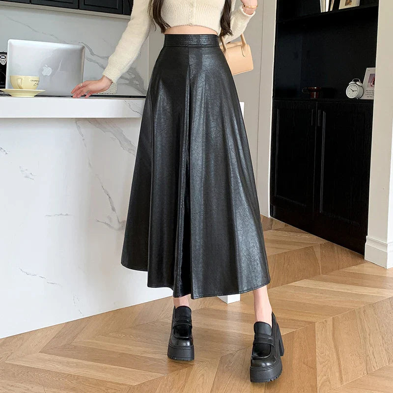 PU Leather Womens Autumn Winter New Fashion High Waist A-line Pleated Long Ladies Vintage Elegant Umbrella Skirt cashmere skirt soft