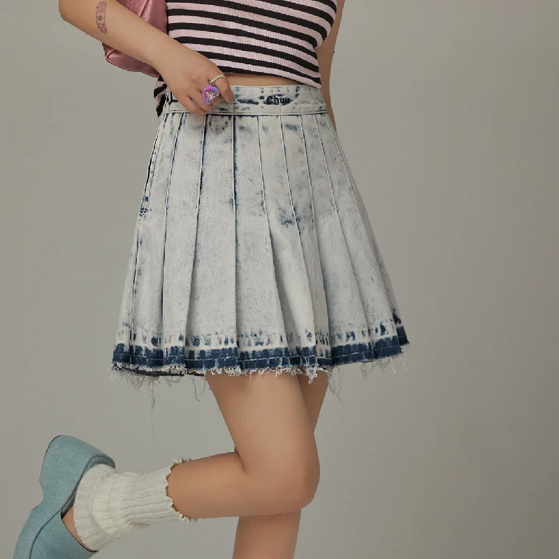 Raw Hem Denim Pleated Skirt corduroy skirt cozy