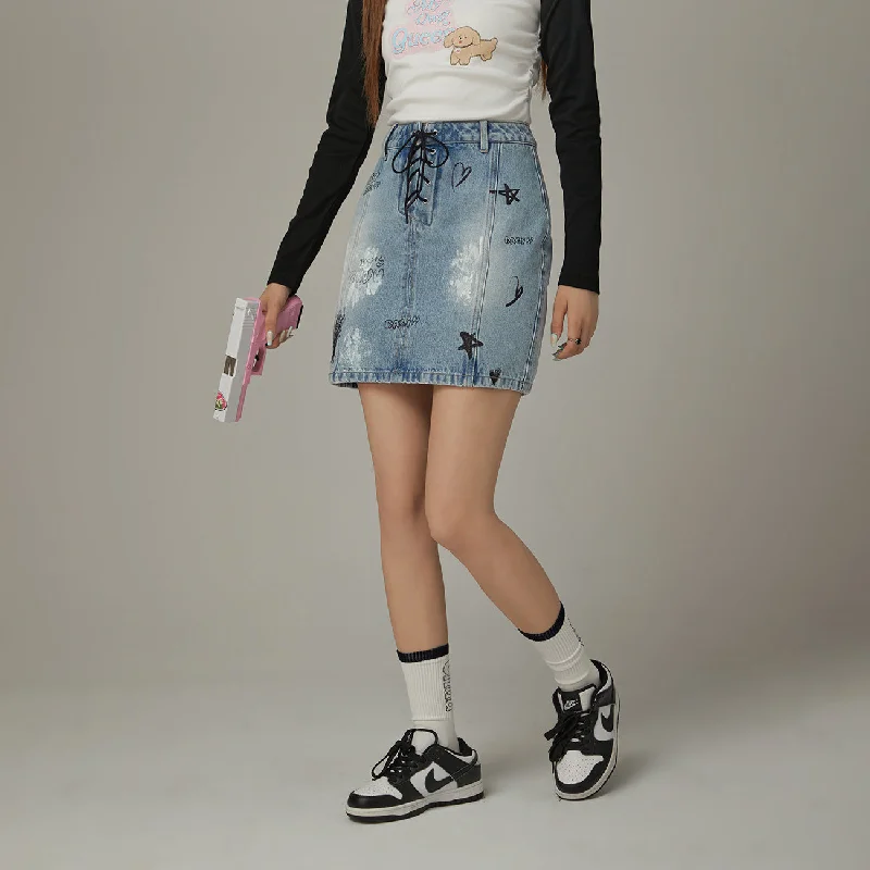 Lace Up Heart Star Denim Skirt linen skirt light