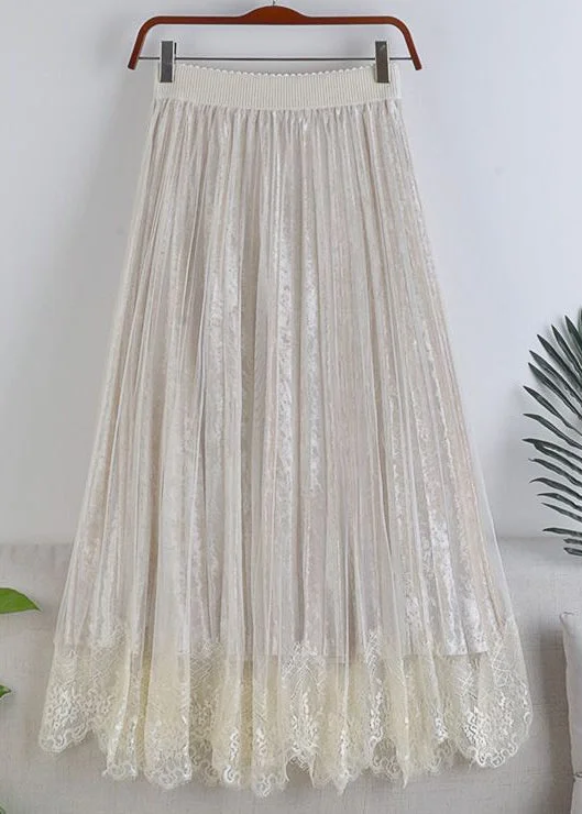 Elegant Apricot Lace Tulle Patchwork Velour Pleated Skirt Spring linen skirt relaxed Elegant Apricot Lace Tulle Patchwork Velour Pleated Skirt Spring linen skirt relaxed
