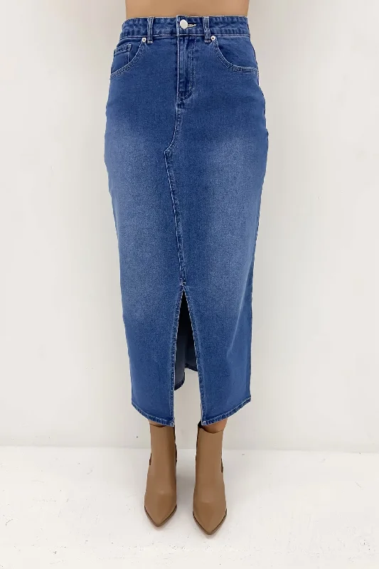 Emerald Denim Maxi Skirt 80 Wash zip skirt side