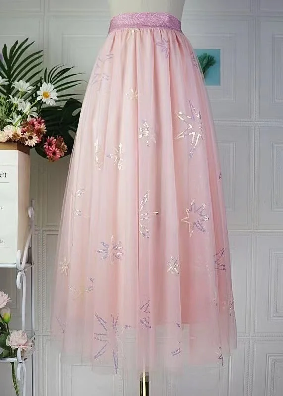 Fashion Pink Sequins Embroidered Elastic Waist Tulle Skirt Spring denim skirt stylish Fashion Pink Sequins Embroidered Elastic Waist Tulle Skirt Spring denim skirt stylish