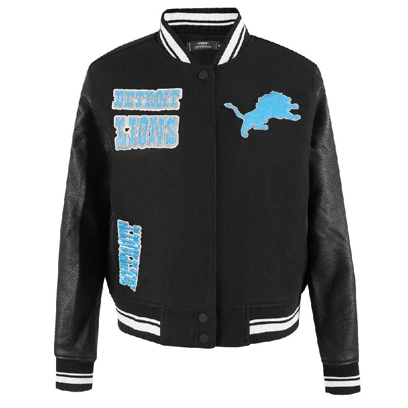 NFL DETROIT LIONS RETRO CLASSIC WOMEN'S RIB WOOL VARSITY JACKET (BLACK) Print Jacket Jacquard Jacket Embroidered Jacket