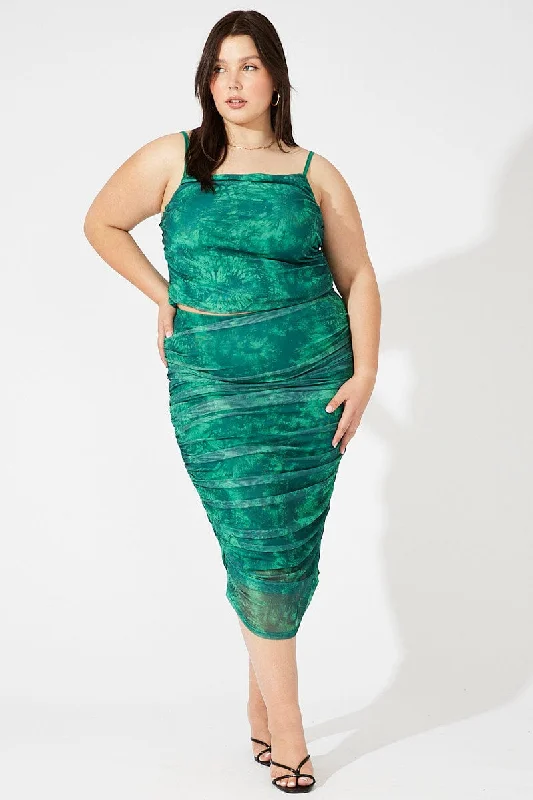 Green Abstract Mesh Ruched Tie Dye Midi Skirt breathable skirt fabric