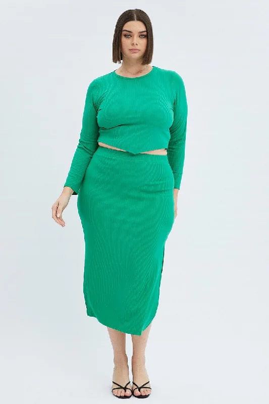 Green Midi Skirt Rib Jersey Bodycon denim skirt trendy