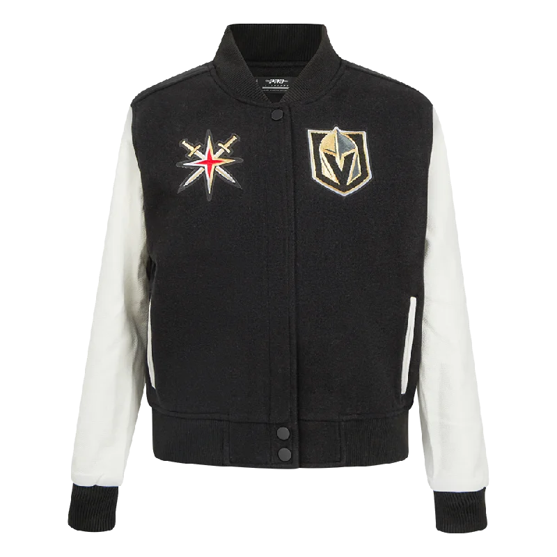 NHL VEGAS GOLDEN KNIGHTS CLASSIC WOMEN'S WOOL VARSITY JACKET (BLACK/WHITE) Print Jacket Jacquard Jacket Patchwork Jacket