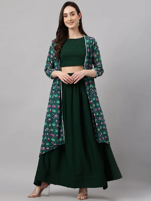 Janasya Women's Green Crepe Solid Crop Top With Skirt And Jacket spandex blend skirt Janasya Women's Green Crepe Solid Crop Top With Skirt And Jacket spandex blend skirt