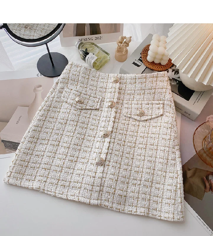 Korean version of thin gold coarse tweed small fragrant grid skirt  5627 chiffon skirt delicate