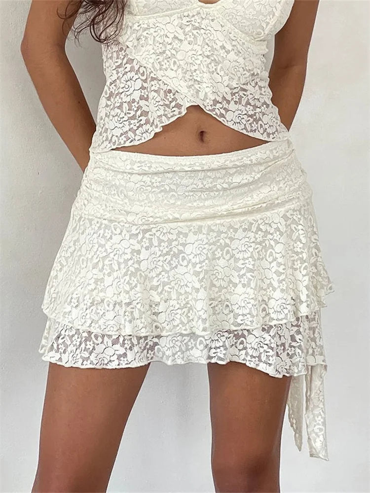 JuliaFashion - Lace Mini Flower Embroidery Frill Layered Low Waist Irregular Hem Short Summer Party Clubwear Skirts wool skirt thick
