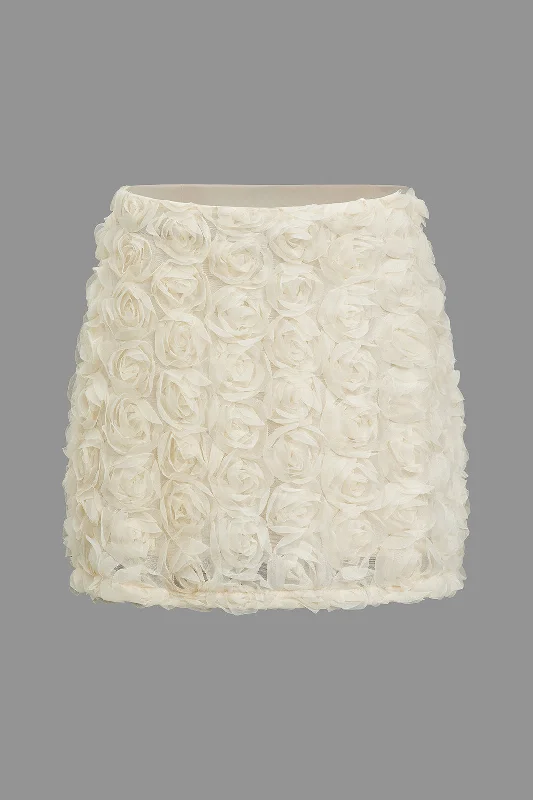 Solid 3D Floral Texture Zipper Mesh Mini Skirt silk skirt smooth