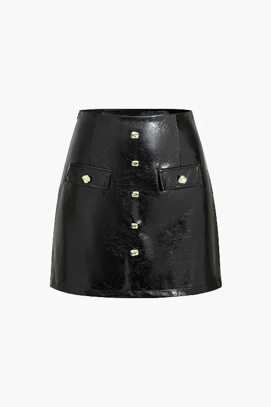 Faux Leather Button Mini Skirt elastic waist skirt