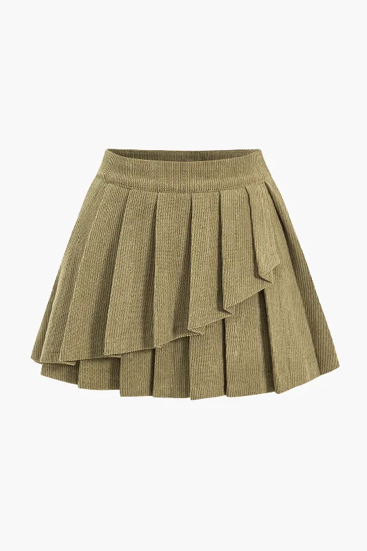 High Waist Pleated Asymmetrical Corduroy Skirt lace skirt intricate