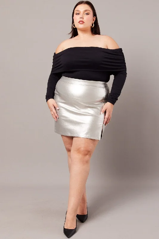 Metallic Faux Leather Split Mini Skirt lace skirt romantic