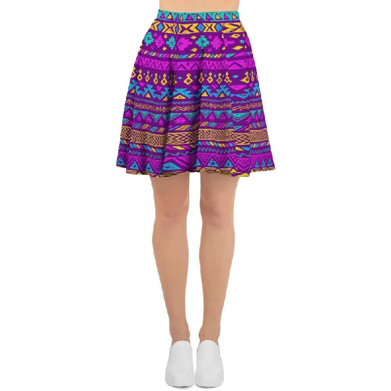 Neon Multicolor Ethic Aztec Doodle Print Women's Skirt cashmere skirt soft