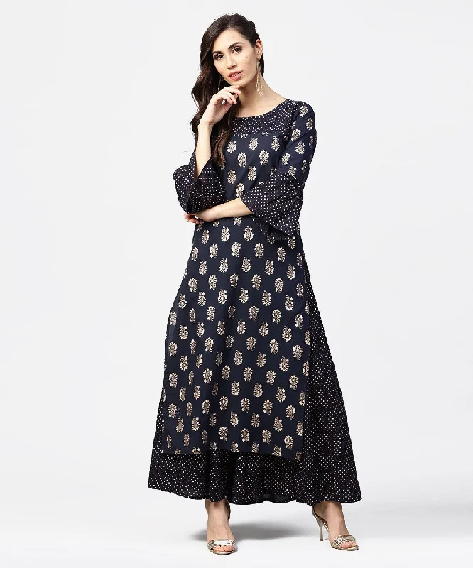 NOZ2TOZ Navy Blue 3/4Th Sleeve Cotton Kurta With Black Printed Flared Skirt tiered skirt playful NOZ2TOZ Navy Blue 3/4Th Sleeve Cotton Kurta With Black Printed Flared Skirt tiered skirt playful