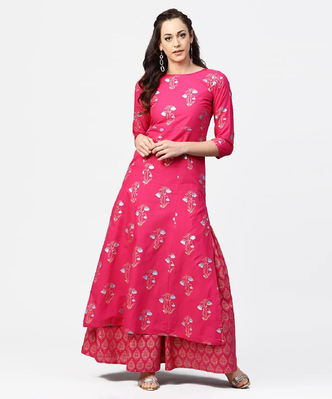 NOZ2TOZ Pink Printed 3/4Th Sleeve Cotton Kurta With Printed Skirt silk skirt luxurious NOZ2TOZ Pink Printed 3/4Th Sleeve Cotton Kurta With Printed Skirt silk skirt luxurious