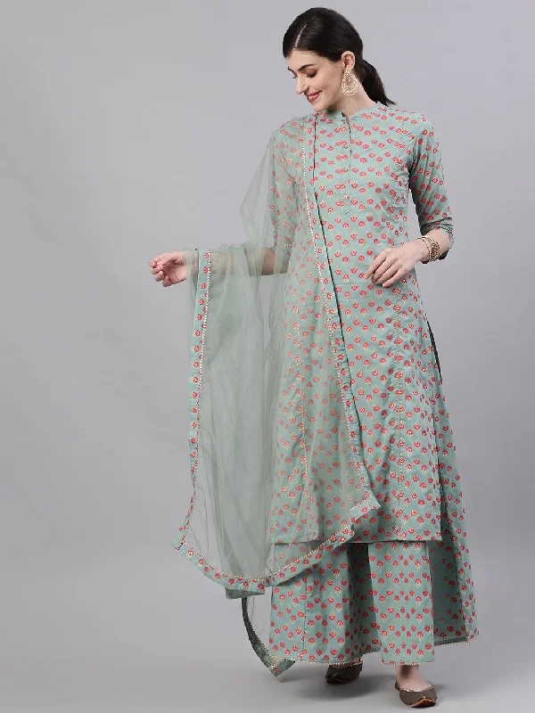 NOZ2TOZ Women Light Green Three-Quarter Sleeves Straight Kurta Skirt Set With Dupatta corduroy skirt cozy NOZ2TOZ Women Light Green Three-Quarter Sleeves Straight Kurta Skirt Set With Dupatta corduroy skirt cozy