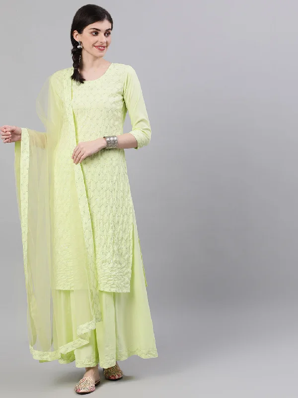 NOZ2TOZ Women Lime Yellow Three-Quarter Sleeves Straight Kurta Skirt Set With Dupatta lace skirt delicate NOZ2TOZ Women Lime Yellow Three-Quarter Sleeves Straight Kurta Skirt Set With Dupatta lace skirt delicate