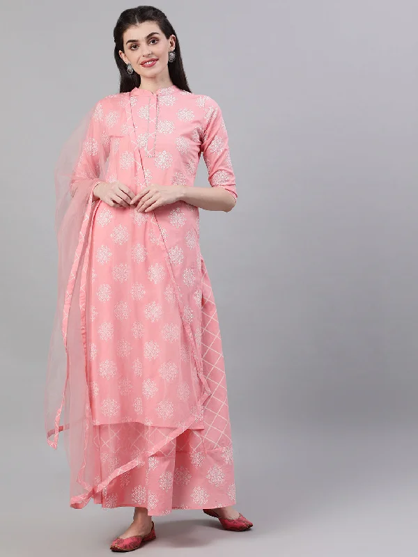 NOZ2TOZ Women Pink Three-Quarter Sleeves Straight Kurta Skirt Set With Dupatta boho skirt vibe