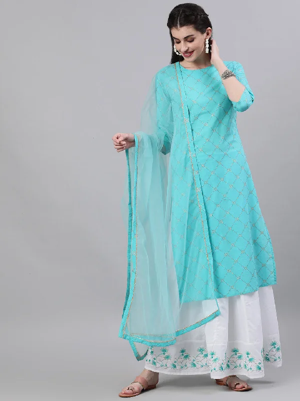NOZ2TOZ Women SkyBlue Three-Quarter Sleeves Straight Kurta Skirt Set With Dupatta silk skirt smooth NOZ2TOZ Women SkyBlue Three-Quarter Sleeves Straight Kurta Skirt Set With Dupatta silk skirt smooth