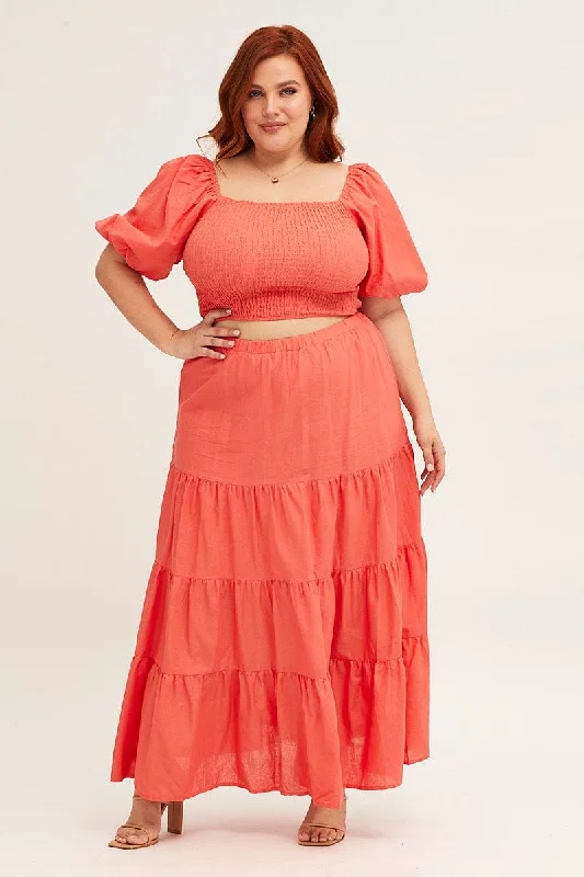 Orange Maxi Skirt High Waist Tiered denim skirt classic