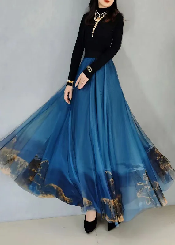 Plus Size Blue Wrinkled Print Elastic Waist Tulle Skirt Spring relaxed fit skirt