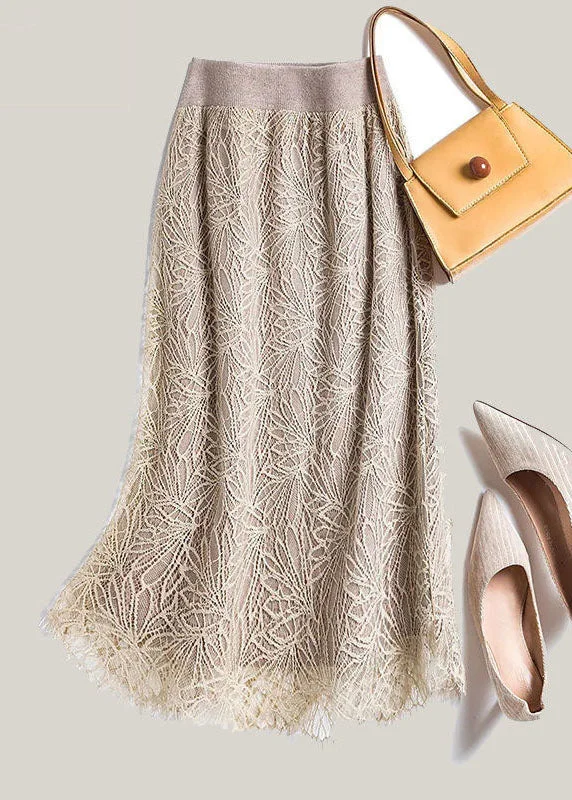 Simple Khaki Hollow Out Lace Skirt Spring velvet skirt sumptuous