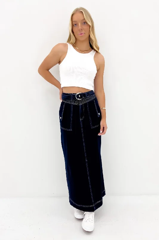 Sonya Denim Midi Skirt Dark Blue midi skirt versatile