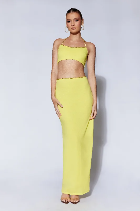 Sweeney Diamante Maxi Skirt With Split - Chartreuse leather skirt modern