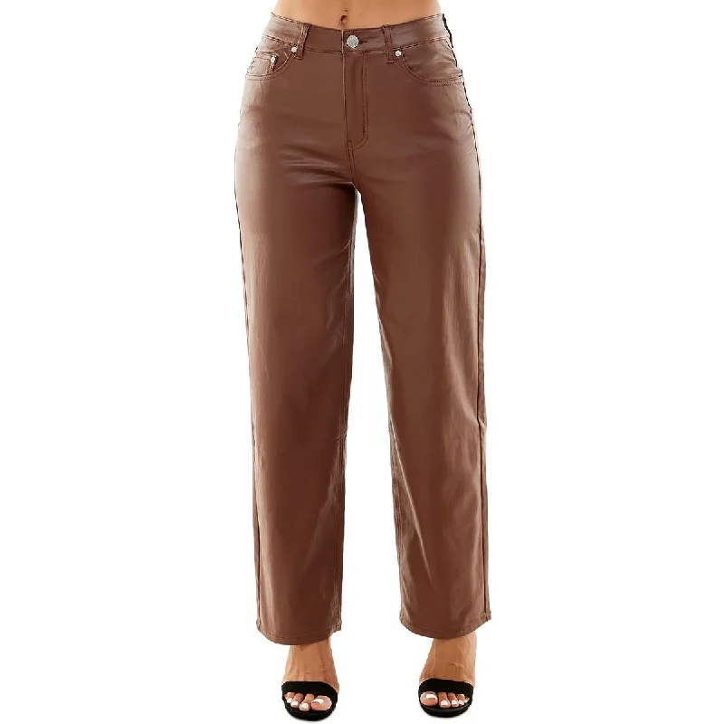 Juniors Womens High Rise Faux Leather Wide Leg Jeans Elegant Skinny Leg Jeans