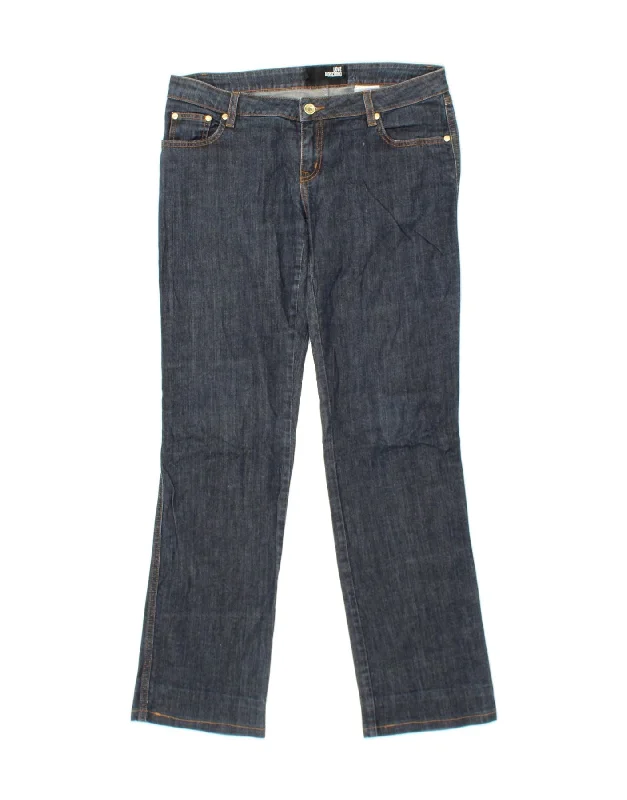 MOSCHINO Womens Bootcut Jeans W30 L31 Navy Blue Cotton Stylish Acid-Wash Jeans