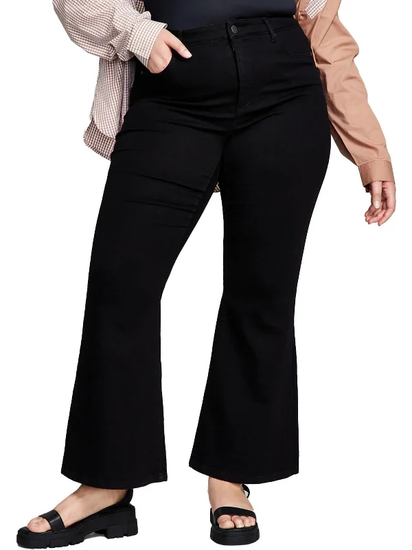 Plus Womens High Rise Solid Flared Jeans Comfortable Faded High-Rise Jeans