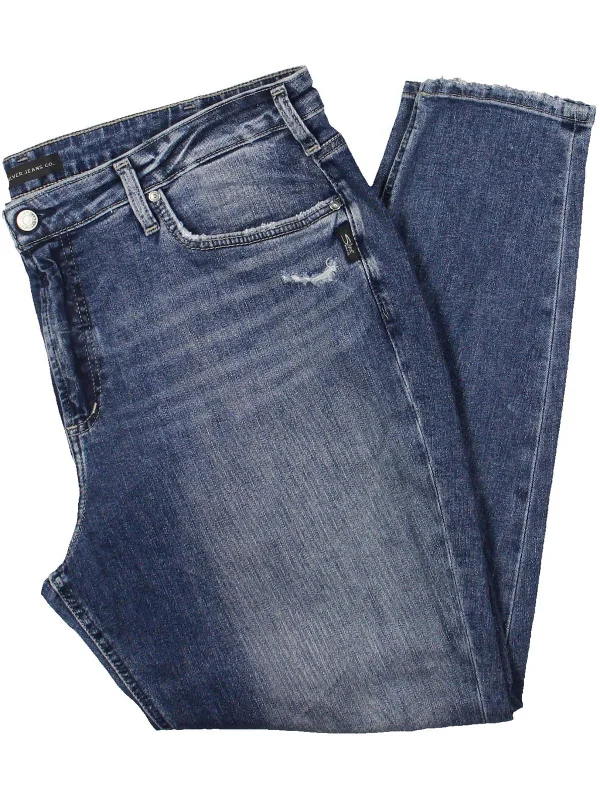 Plus Womens Mid-Rise Distressed Skinny Jeans Trendy Wide-Legged High-Waist Jeans