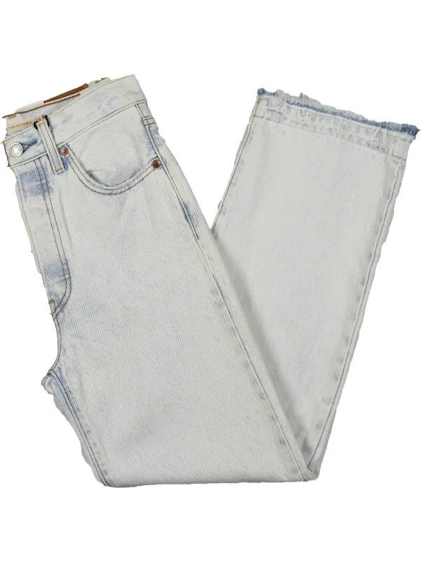 Womens High Rise Distressed Straight Leg Jeans Trendy Wide-Leg High-Waist Denim