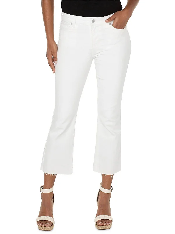 Womens High Rise Raw Hem Flared Jeans Comfortable Drawstring Waist Jeans
