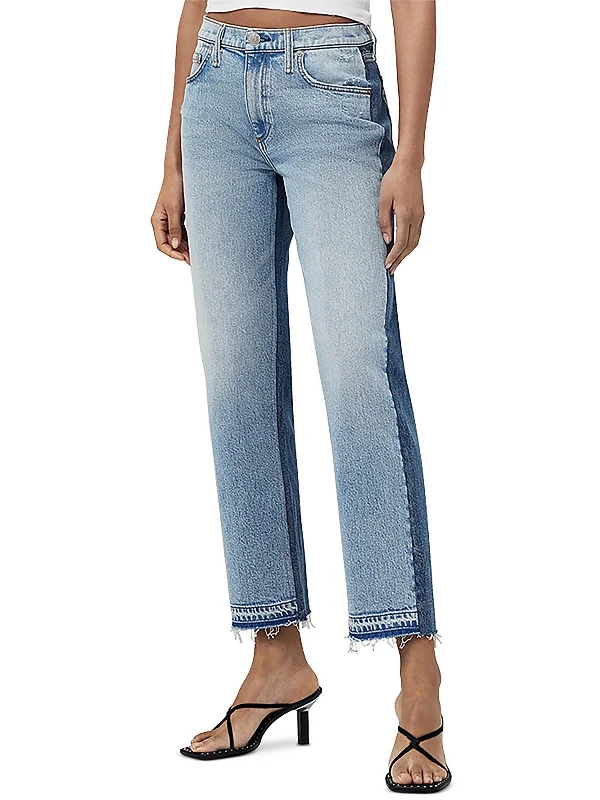Womens High Rise Two Tone Straight Leg Jeans Fashionable Frayed Hem Denim
